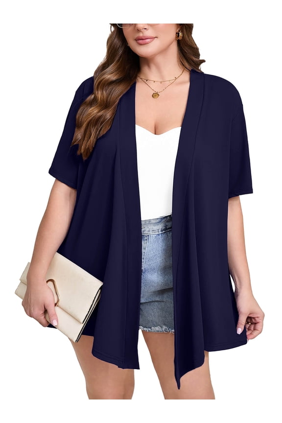 Women's Plus Size Short Sleeve Cardigan, Navy Blue 4X Open Front Lightweight Kimono Jacket for Spring Summer Fall