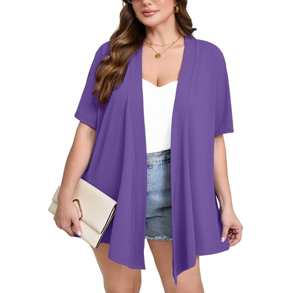 SHOWMALL Women's Plus Size Short Sleeve Cardigan, Purple 3X Open Front Lightweight Kimono Jacket for Spring Summer Fall