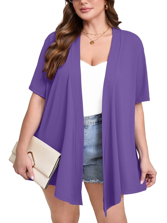 Women's Plus Size Short Sleeve Cardigan, Purple 3X Open Front Lightweight Kimono Jacket for Spring Summer Fall