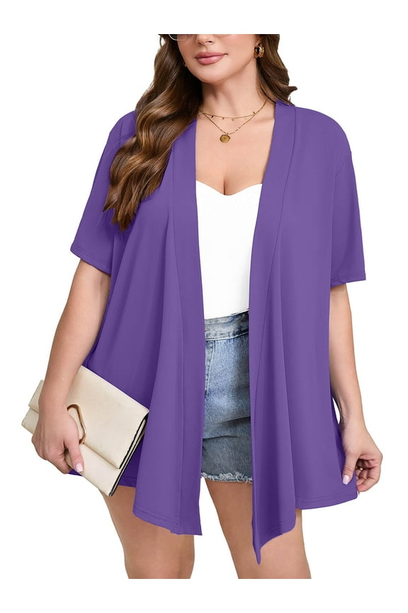 Women's Plus Size Short Sleeve Cardigan, Purple 5X Open Front Lightweight Kimono Jacket for Spring Summer Fall