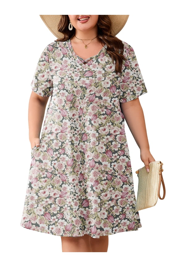 Women's Plus Size Short Sleeve Dress with Pockets, Criss Cross V-Neck Casual T-Shirt Dress, Romantic Rose Floral Pink 2X Summer Vacation Beach Dress