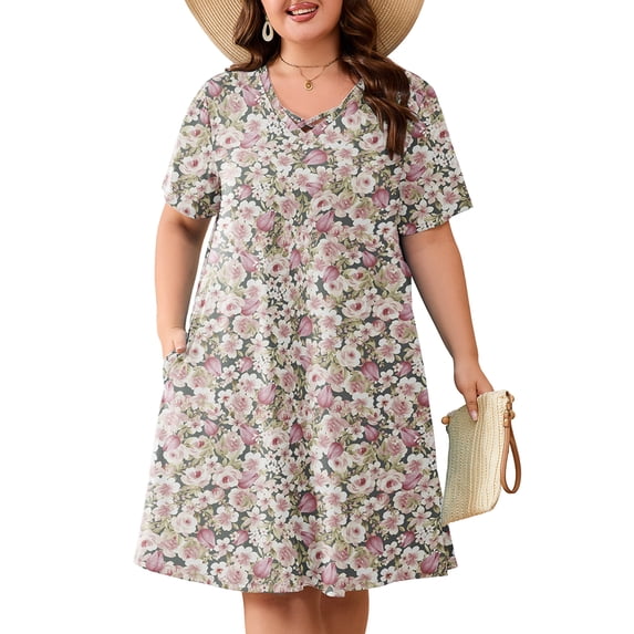 SHOWMALL Women's Plus Size Short Sleeve Dress with Pockets, Criss Cross V-Neck Casual T-Shirt Dress, Romantic Rose Floral Pink 3X Summer Vacation Beach Dress