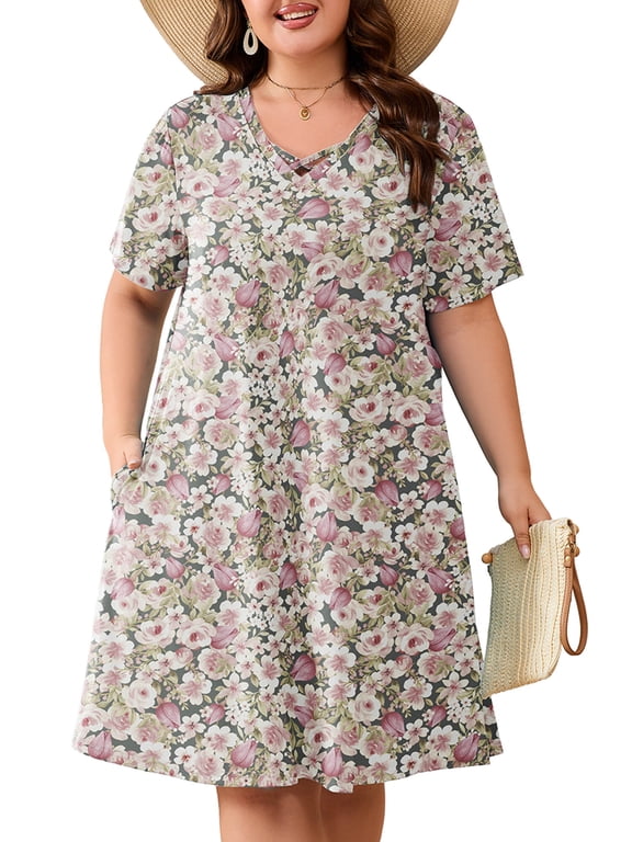 Women's Plus Size Short Sleeve Dress with Pockets, Criss Cross V-Neck Casual T-Shirt Dress, Romantic Rose Floral Pink 3X Summer Vacation Beach Dress