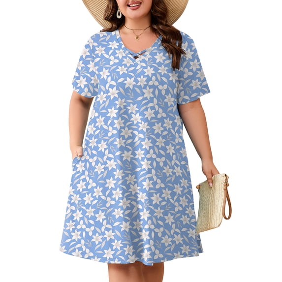 SHOWMALL Women's Plus Size Short Sleeve Dress with Pockets, Criss Cross V-Neck Casual T-Shirt Dress, Sky Blue Lily Botanical 5X Summer Vacation Beach Dress
