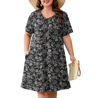 SHOWMALL Women's Plus Size Short Sleeve Dress with Pockets, Criss Cross V-Neck Casual T-Shirt Dress, Vintage Scroll Floral Black 3X Summer Vacation Beach Dress