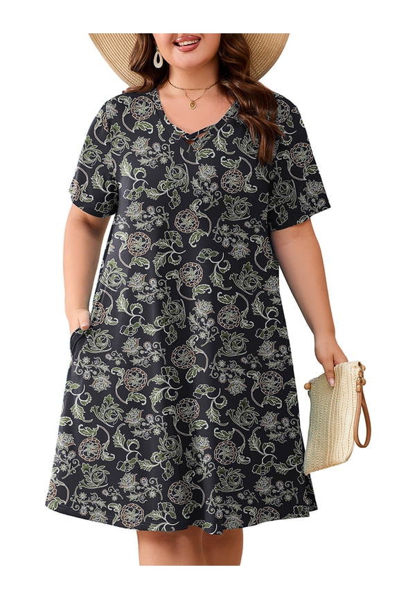 Women's Plus Size Short Sleeve Dress with Pockets, Criss Cross V-Neck Casual T-Shirt Dress, Vintage Scroll Floral Black 3X Summer Vacation Beach Dress