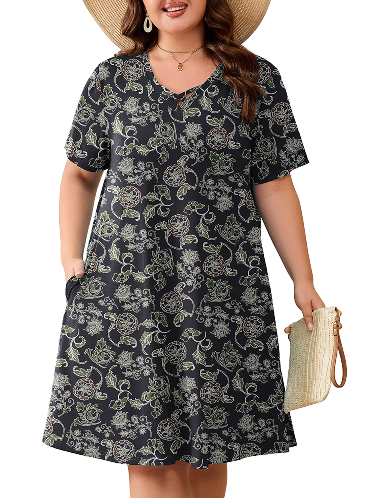 SHOWMALL Women's Plus Size Short Sleeve Dress with Pockets, Criss Cross ...