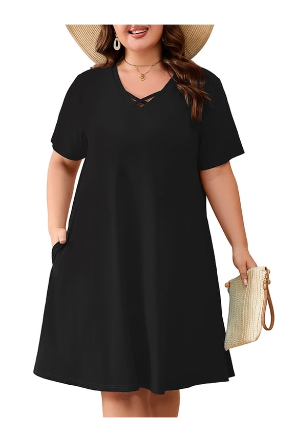 Women's Plus Size Short Sleeve Dress with Pockets, Criss Cross V-Neck Casual T-Shirt Dress, Black 3X Soft Breathable Summer Dress