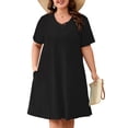 thumbnail image 1 of SHOWMALL Women's Plus Size Short Sleeve Dress with Pockets, Criss Cross V-Neck Casual T-Shirt Dress, Black 5X Soft Breathable Summer Dress, 1 of 8