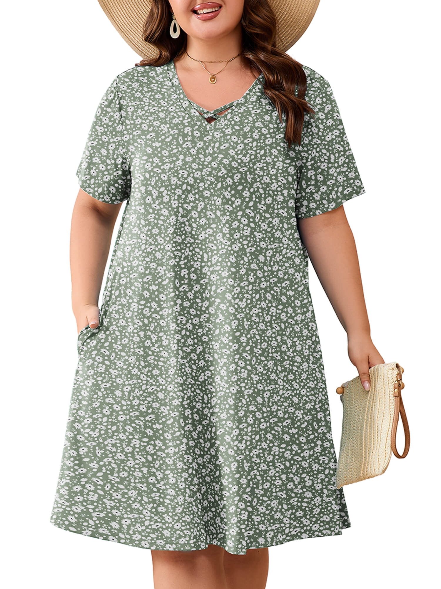 SHOWMALL Women's Plus Size Short Sleeve Dress with Pockets, Criss Cross ...