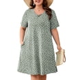 thumbnail image 1 of SHOWMALL Women's Plus Size Short Sleeve Dress with Pockets, Criss Cross V-Neck Casual T-Shirt Dress, Daisy Green 3X Summer Vacation Beach Dress, 1 of 8