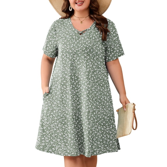 SHOWMALL Women's Plus Size Short Sleeve Dress with Pockets, Criss Cross V-Neck Casual T-Shirt Dress, Daisy Green 4X Summer Vacation Beach Dress