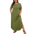 thumbnail image 1 of SHOWMALL Women's Plus Size Short Sleeve Maxi Dress, Army Green 2X Side Slit Rounded Hem Long T-Shirt Dress with Pockets for Vacation & Casual Wear, 1 of 6