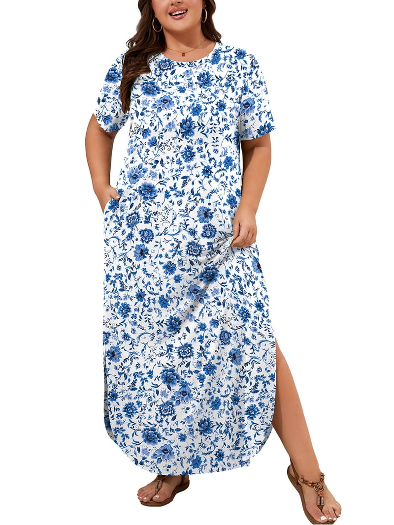 blue and white plus size maxi dress Showmall Women's Short Sleeve Dress, Chinoiserie Floral 3X Side Slit Rounded Hem Long T-Shirt with Pockets for Vacation & extra large size gala plus size evening gowns