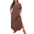 thumbnail image 1 of SHOWMALL Women's Plus Size Short Sleeve Maxi Dress, Cocoa Brown 1X Side Slit Rounded Hem Long T-Shirt Dress with Pockets for Vacation & Casual Wear, 1 of 6