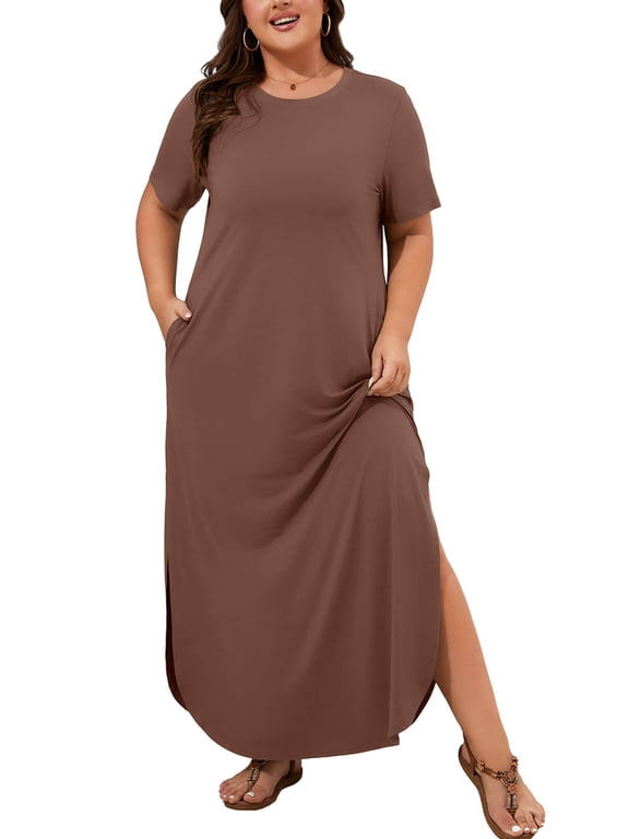 Women's Plus Size Short Sleeve Maxi Dress, Cocoa Brown 2X Side Slit Rounded Hem Long T-Shirt Dress with Pockets for Vacation & Casual Wear