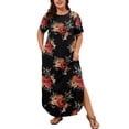 thumbnail image 1 of SHOWMALL Women's Plus Size Short Sleeve Maxi Dress, Elegant Floral Black 2X Side Slit Rounded Hem Long T-Shirt Dress with Pockets for Vacation & Casual Wear, 1 of 7