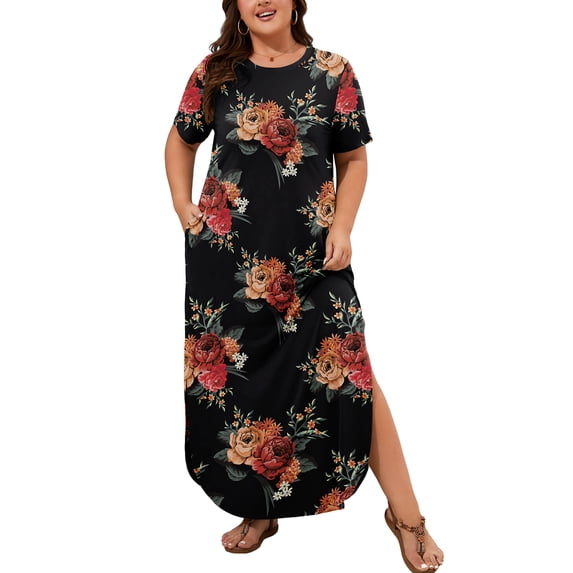 SHOWMALL Women's Plus Size Short Sleeve Maxi Dress, Elegant Floral Black 5X Side Slit Rounded Hem Long T-Shirt Dress with Pockets for Vacation & Casual Wear