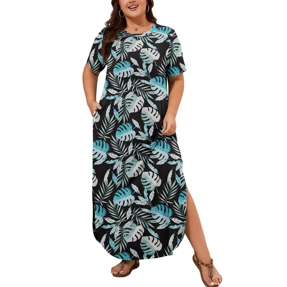 SHOWMALL Women's Plus Size Short Sleeve Maxi Dress, Rainforest Black 4X Side Slit Rounded Hem Long T-Shirt Dress with Pockets for Vacation & Casual Wear