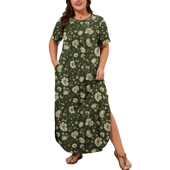 SHOWMALL Women's Plus Size Short Sleeve Maxi Dress, Vintage Moss Floral 1X Side Slit Rounded Hem Long T-Shirt Dress with Pockets for Vacation & Casual Wear