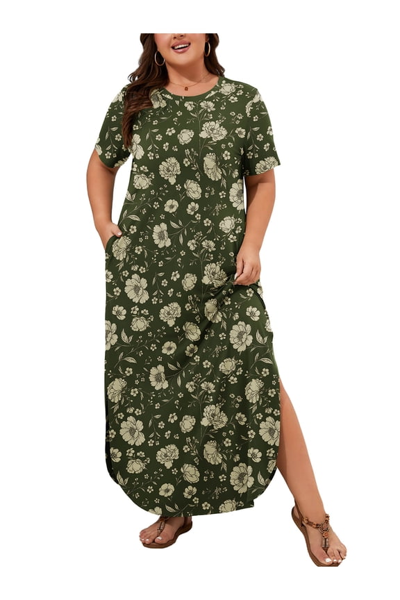 Women's Plus Size Short Sleeve Maxi Dress, Vintage Moss Floral 3X Side Slit Rounded Hem Long T-Shirt Dress with Pockets for Vacation & Casual Wear