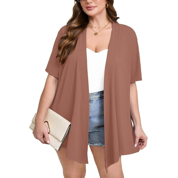 SHOWMALL Women's Plus Size Short Sleeve Shrugs & Boleros, Light Coffee 3X Open Front Lightweight Cardigan Kimono Jacket for Spring Summer Fall