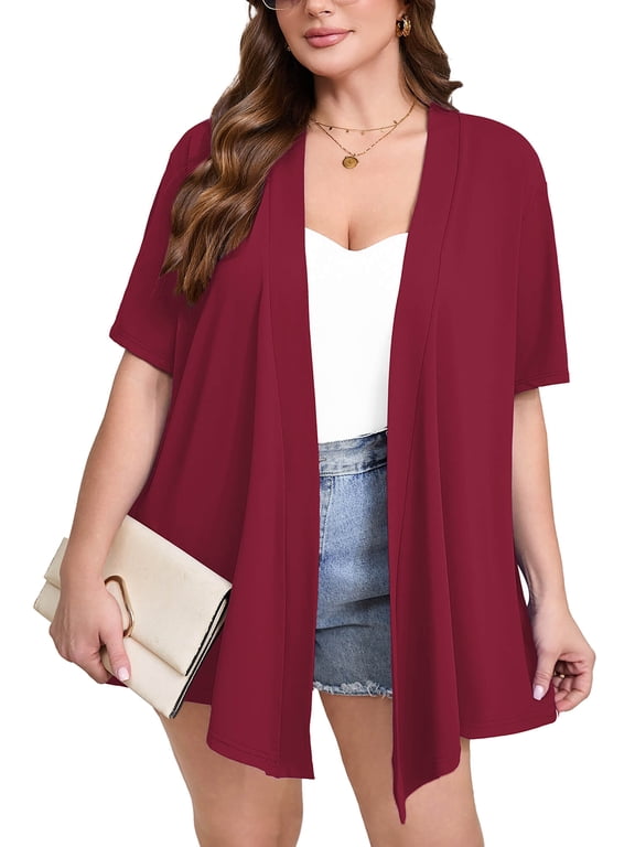 Women's Plus Size Short Sleeve Shrugs & Boleros, Wine Red 3X Open Front Lightweight Cardigan Kimono Jacket for Spring Summer Fall