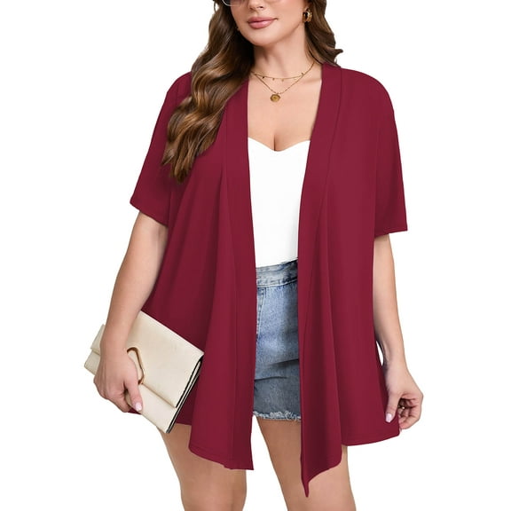 SHOWMALL Women's Plus Size Short Sleeve Shrugs & Boleros, Wine Red 4X Open Front Lightweight Cardigan Kimono Jacket for Spring Summer Fall