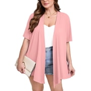 SHOWMALL Women's Plus Size Short Sleeve Shrugs & Boleros, Pink 1X Open Front Lightweight Cardigan Kimono Jacket for Spring Summer Fall