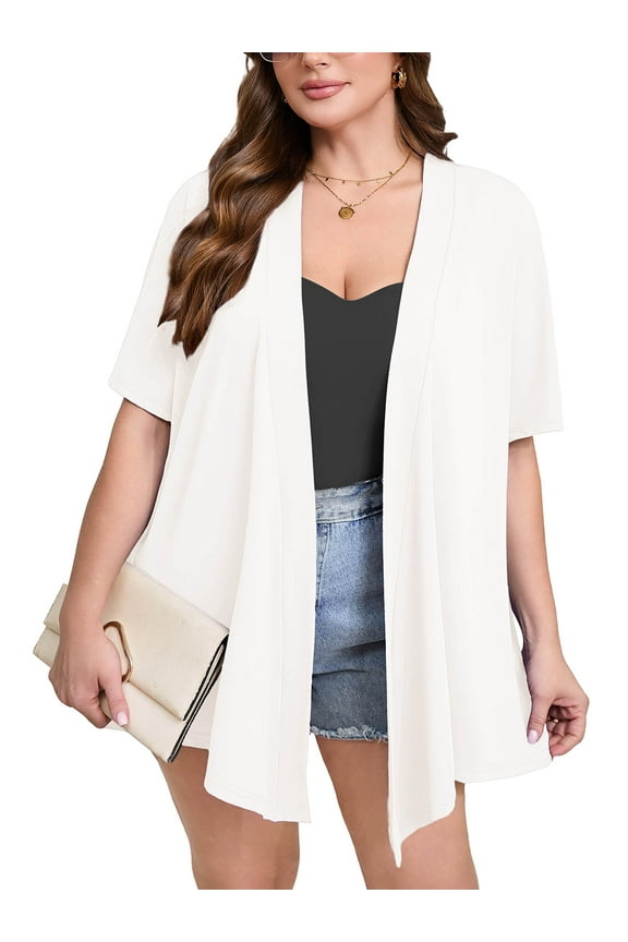 Women's Plus Size Short Sleeve Shrugs & Boleros, White 3X Open Front Lightweight Cardigan Kimono Jacket for Spring Summer Fall