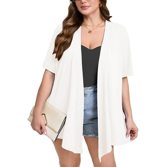 SHOWMALL Women's Plus Size Short Sleeve Shrugs & Boleros, White 5X Open Front Lightweight Cardigan Kimono Jacket for Spring Summer Fall