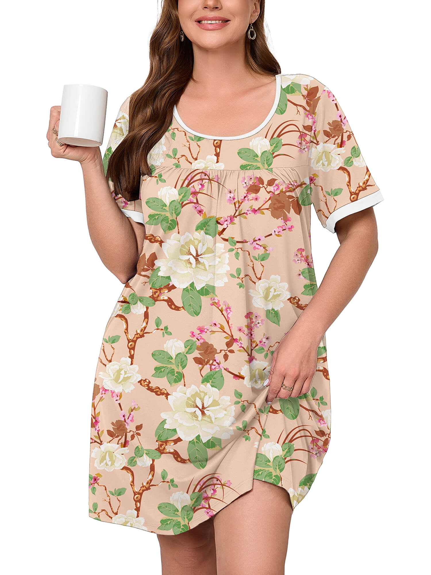 SHOWMALL Women's Plus Size Sleepshirts Short Sleeve Floral Nightshirt ...