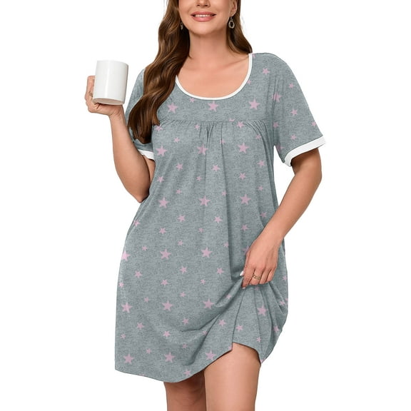 SHOWMALL Women's Plus Size Sleepshirts Short Sleeve Floral Nightshirt Pink Stars 3X Comfy Nightgown Pleated Scoopneck Sleepwear Casual Loungewear