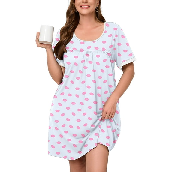 SHOWMALL Women's Plus Size Sleepshirts Short Sleeve Pattern Nightshirt Pink Kiss 2X Comfy Nightgown Pleated Scoopneck Sleepwear Casual Loungewear