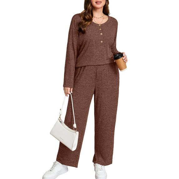 SHOWMALL Women's Plus Size Outfit Set for Fall/Winter/Spring – 2 Piece Ribbed Lounge Set, Brown 1X Loose Fit Top and Relaxed Pants, Soft Home Loungewear