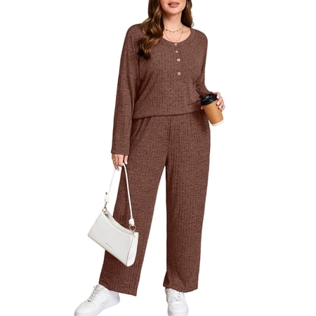 SHOWMALL Women's Plus Size Outfit Set for Fall/Winter/Spring – 2 Piece Ribbed Lounge Set, Brown 4X Loose Fit Top and Relaxed Pants, Soft Home Loungewear