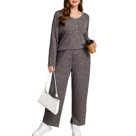 SHOWMALL Women's Plus Size Outfit Set for Fall/Winter/Spring – 2 Piece Ribbed Lounge Set, Dark Gray 2X Loose Fit Top and Relaxed Pants, Soft Home Loungewear