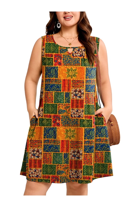 Women's Plus Size Sleeveless Dress, A-Line Summer Dress with Pockets, Boho Folk Patchwork Print 3X Keyhole Neck Pleated Casual Shift Dress for Beach Vacation