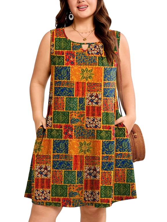 Women's Plus Size Sleeveless Dress, A-Line Summer Dress with Pockets, Boho Folk Patchwork Print 3X Keyhole Neck Pleated Casual Shift Dress for Beach Vacation