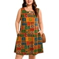 thumbnail image 1 of SHOWMALL Women's Plus Size Sleeveless Dress, A-Line Summer Dress with Pockets, Boho Folk Patchwork Print 4X Keyhole Neck Pleated Casual Shift Dress for Beach Vacation, 1 of 5