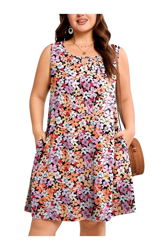 Women's Plus Size Sleeveless Dress, A-Line Summer Dress with Pockets, Numerous Flowers 3X Keyhole Neck Pleated Casual Shift Dress for Beach Vacation