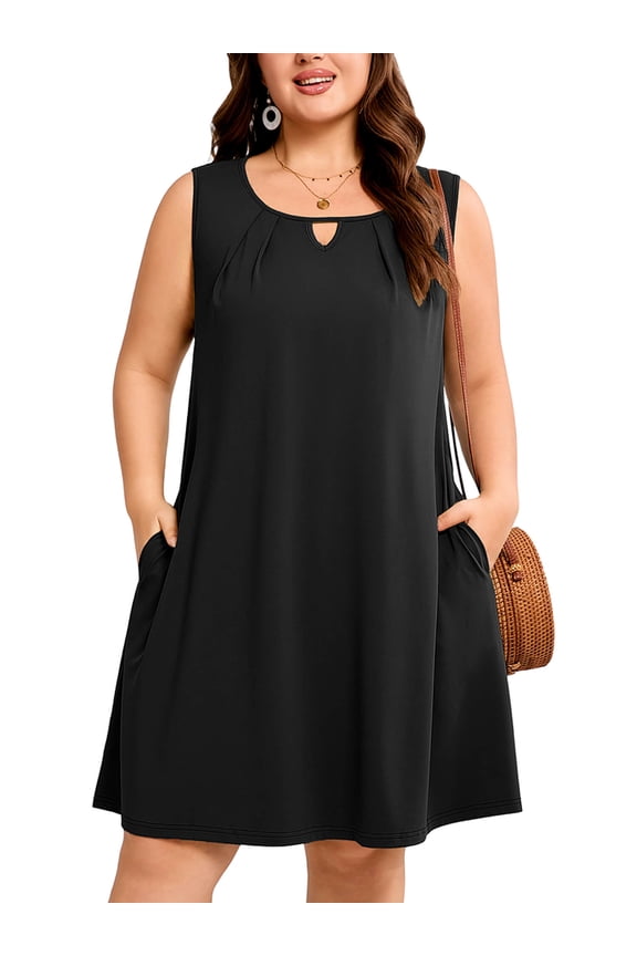 Women's Plus Size Sleeveless Dress, A-Line Summer Dress with Pockets, Black 3X Keyhole Neck Pleated Casual Shift Dress for Beach Vacation