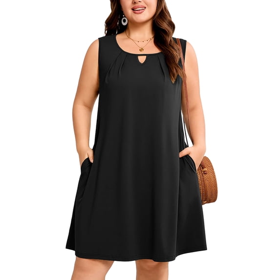 SHOWMALL Women's Plus Size Sleeveless Dress, A-Line Summer Dress with Pockets, Black 4X Keyhole Neck Pleated Casual Shift Dress for Beach Vacation