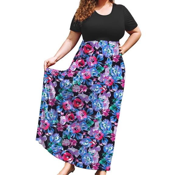 SHOWMALL Women's Plus Size Spring Floral Maxi Dress with Pockets, Black & Lavender Blue Blossom Clusters 3X Flowy Short Sleeve Dress