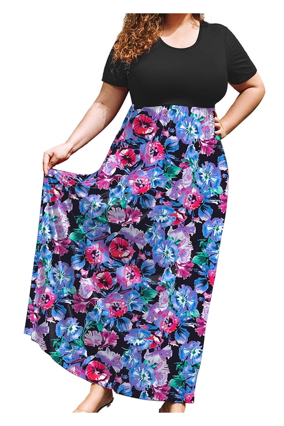Women's Plus Size Spring Floral Maxi Dress with Pockets, Black & Lavender Blue Blossom Clusters 3X Flowy Short Sleeve Dress
