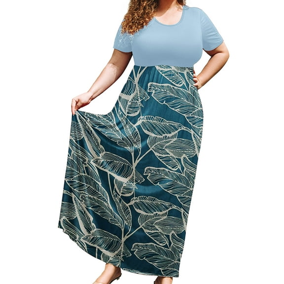SHOWMALL Women's Plus Size Summer Beach Dress Maxi Leaf Sonata 3X Short Sleeves Crewneck Casual Bohemian Sun Dress Full-Length Floral Long Dresses with Pockets