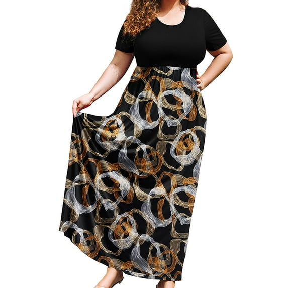 SHOWMALL Women's Plus Size Summer Beach Dress Maxi Luxe Metallic Floral 1X Short Sleeves Crewneck Casual Bohemian Sun Dress Full-Length Floral Long Dresses with Pockets