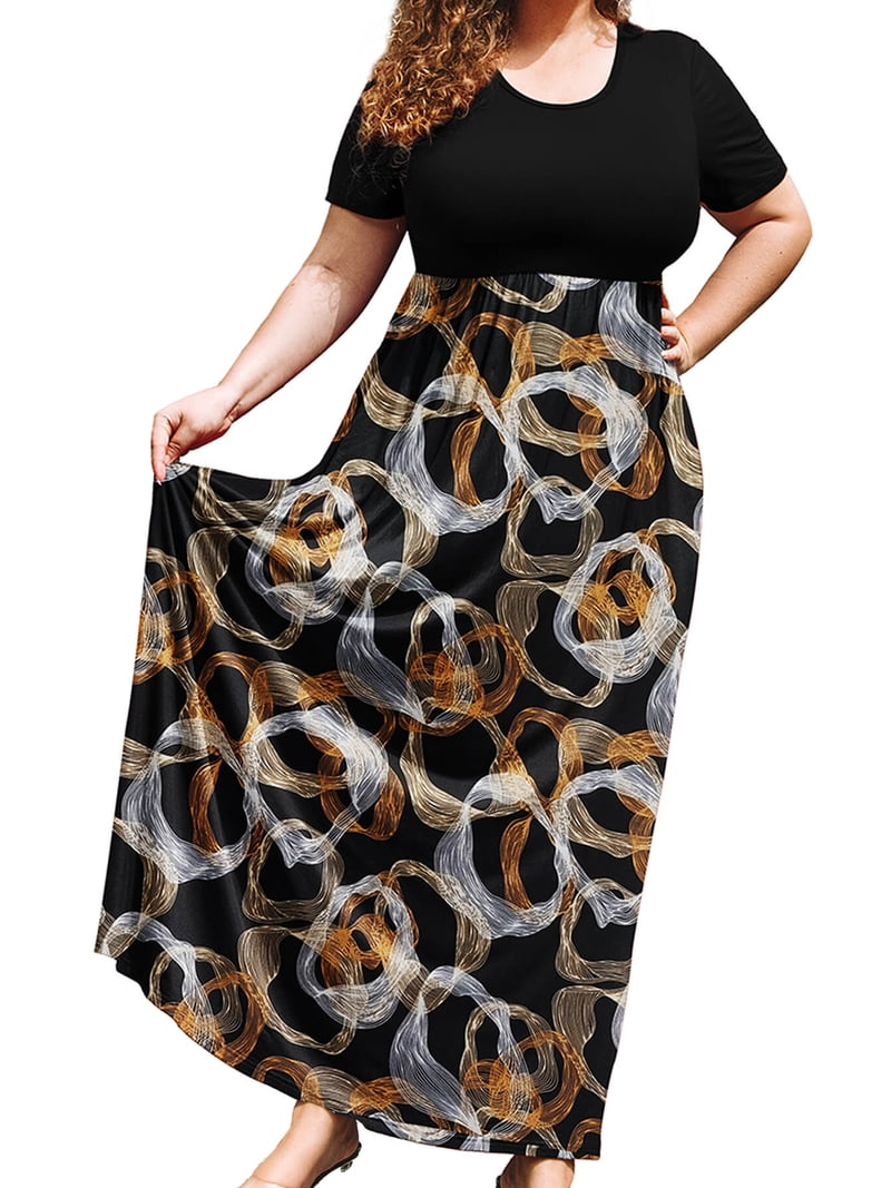 SHOWMALL Women's Plus Size Summer Beach Dress Maxi Luxe Metallic Floral 4X  Short Sleeves Crewneck Casual Bohemian Sun Dress Full-Length Floral Long  Dresses with Pockets - Walmart.com