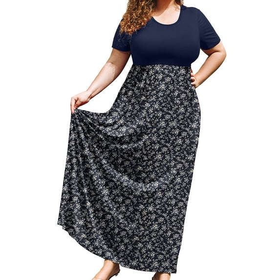 SHOWMALL Women's Plus Size Summer Beach Dress Maxi Navy Blue Clustered Floral 1X Short Sleeves Crewneck Casual Bohemian Sun Dress Full-Length Floral Long Dresses with Pockets