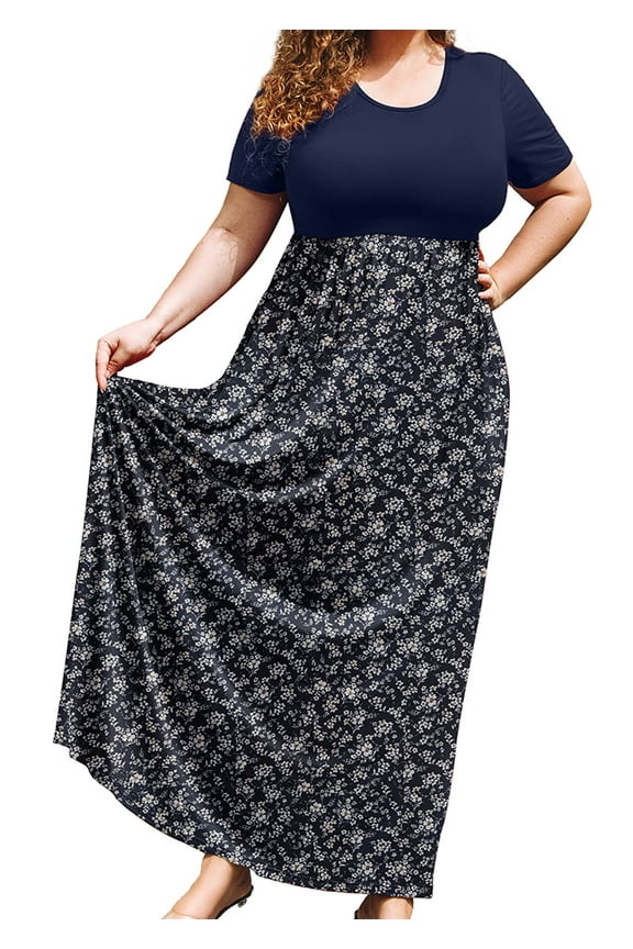 Women's Plus Size Summer Beach Dress Maxi Navy Blue Clustered Floral 3X Short Sleeves Crewneck Casual Bohemian Sun Dress Full-Length Floral Long Dresses with Pockets